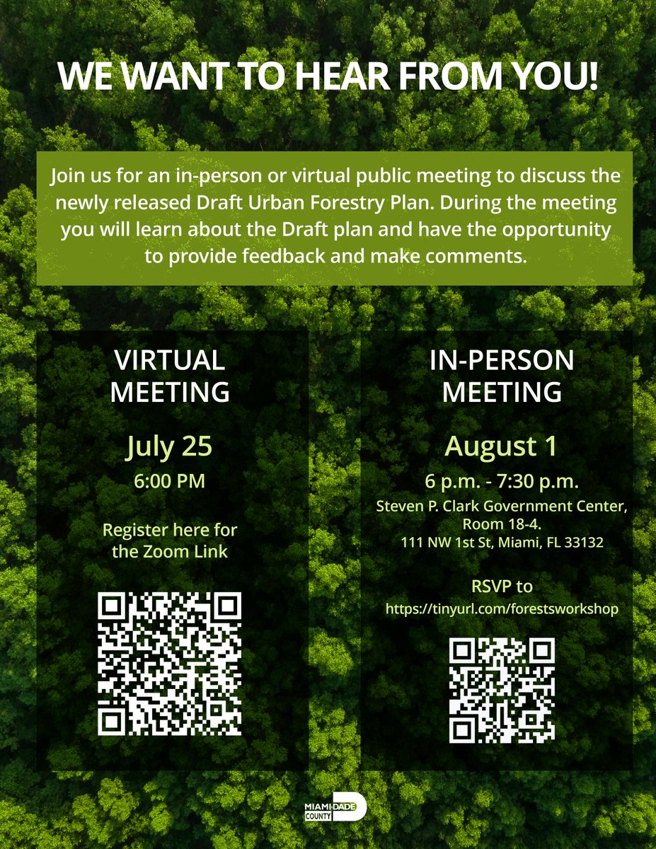 Join us for a Public Workshop on the Miami-Dade County Urban Forestry Plan! 🌳

We're aiming for 30% tree canopy with <a href="/MayorDaniella/">Daniella Levine Cava</a>, <a href="/MiamiDadeRER/">MiamiDade County RER</a>, <a href="/MiamiDadeParks/">Miami-Dade County Parks</a> , and <a href="/MiamiDadeOOR/">Miami-Dade County Office of Resilience</a>. 🌳

Details on both virtual and in-person workshops below! ⬇️

Register on our #linkinbio. 🔗