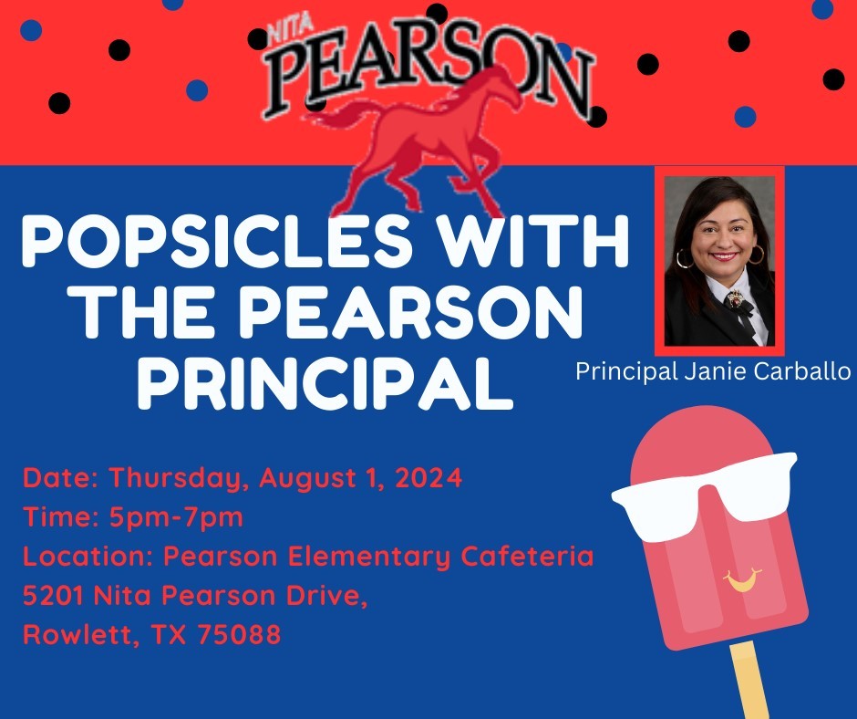 Pearson_Ponies's tweet photo. @GISDNews Come out to meet our new Principal, Ms. Carballo! Popsicles with the Principal event for parents, community, and students on Thursday, August 1, from 5pm-7pm. #PonyPride https://t.co/lxAqStKs7t