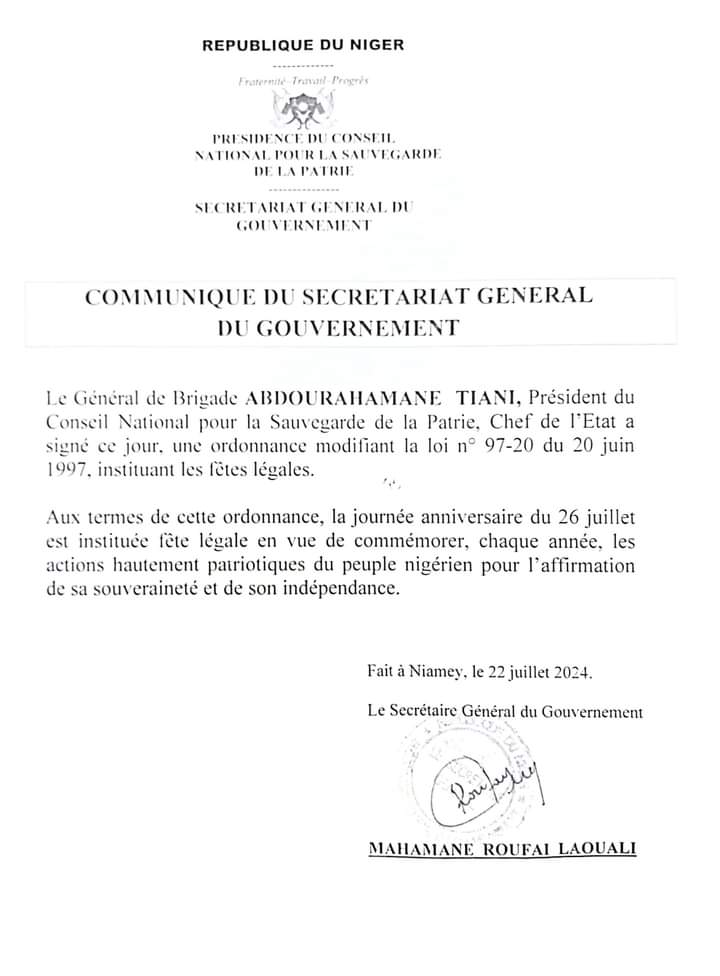 La date du 26 juillet est désormais fête légale au #Niger. C'est la #date anniversaire de l'avènement du Conseil national pour la sauvegarde de la patrie(#CNSP)