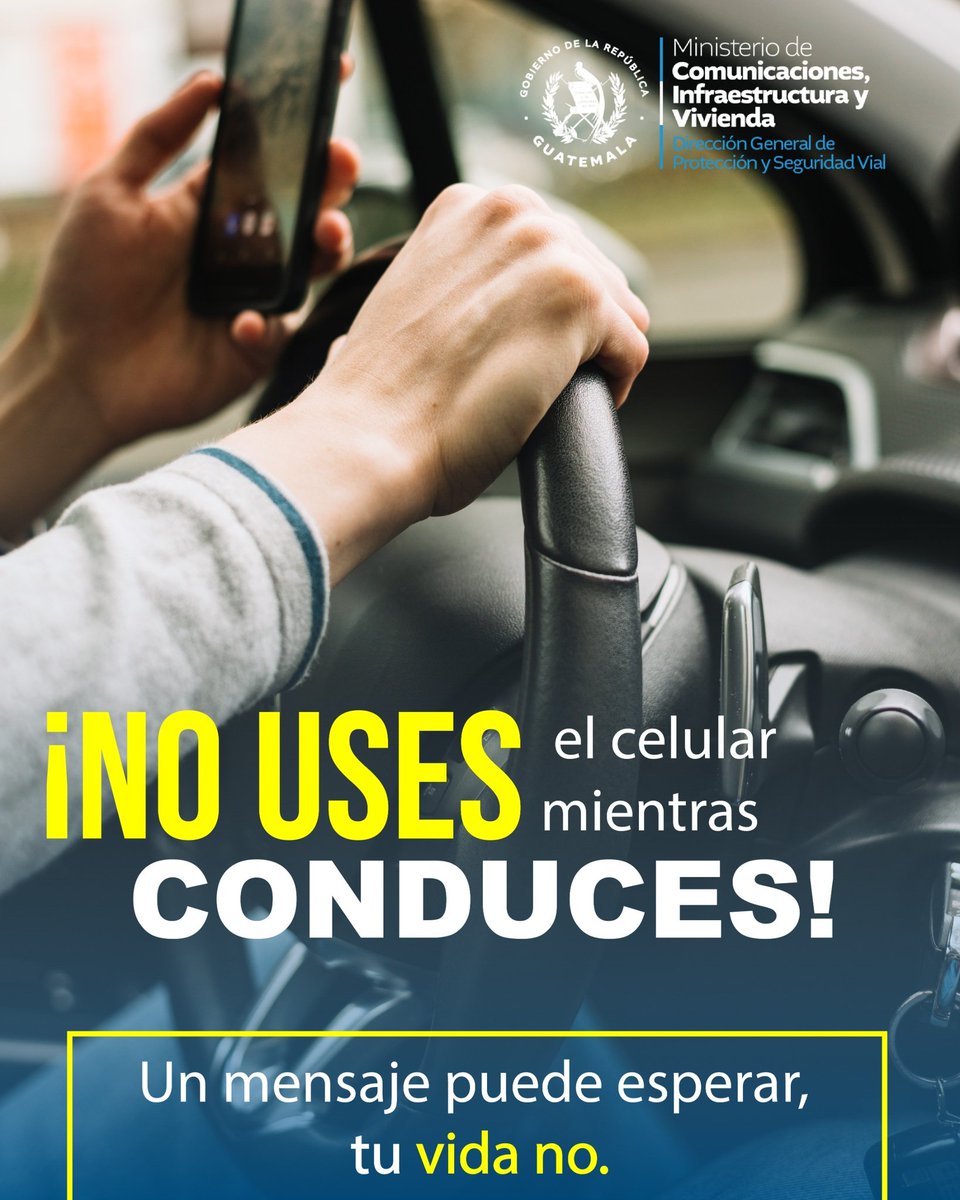 ProvialOficial's tweet image. No uses el celular mientras conduces 📵🚫
Un mensaje puede esperar, tu vida no. Mantén la vista en la carretera y las manos en el volante.#ManejaSeguro #PROVIAL

@CIV_Guatemala 

PROVIAL, proteger y servir.