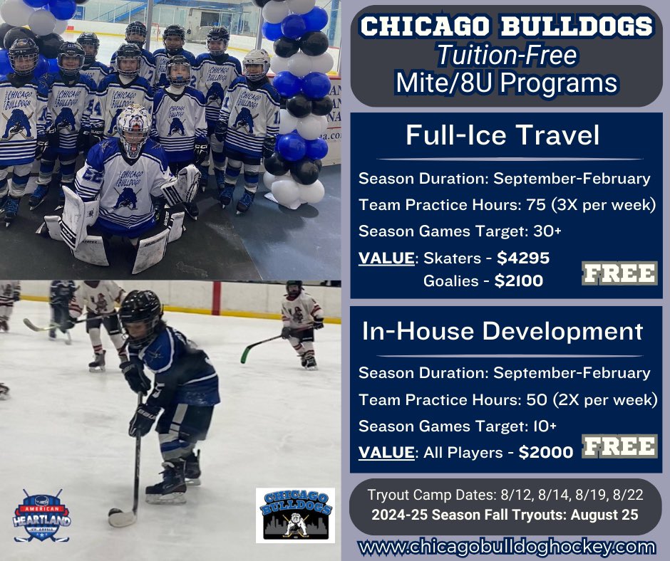 The Bulldogs are happy to announce free Mite 8U Hockey for the 2024-25 season!!  Visit Chicagobulldoghockey.com for more info #gobulldogs #ourdogs #mitehockey