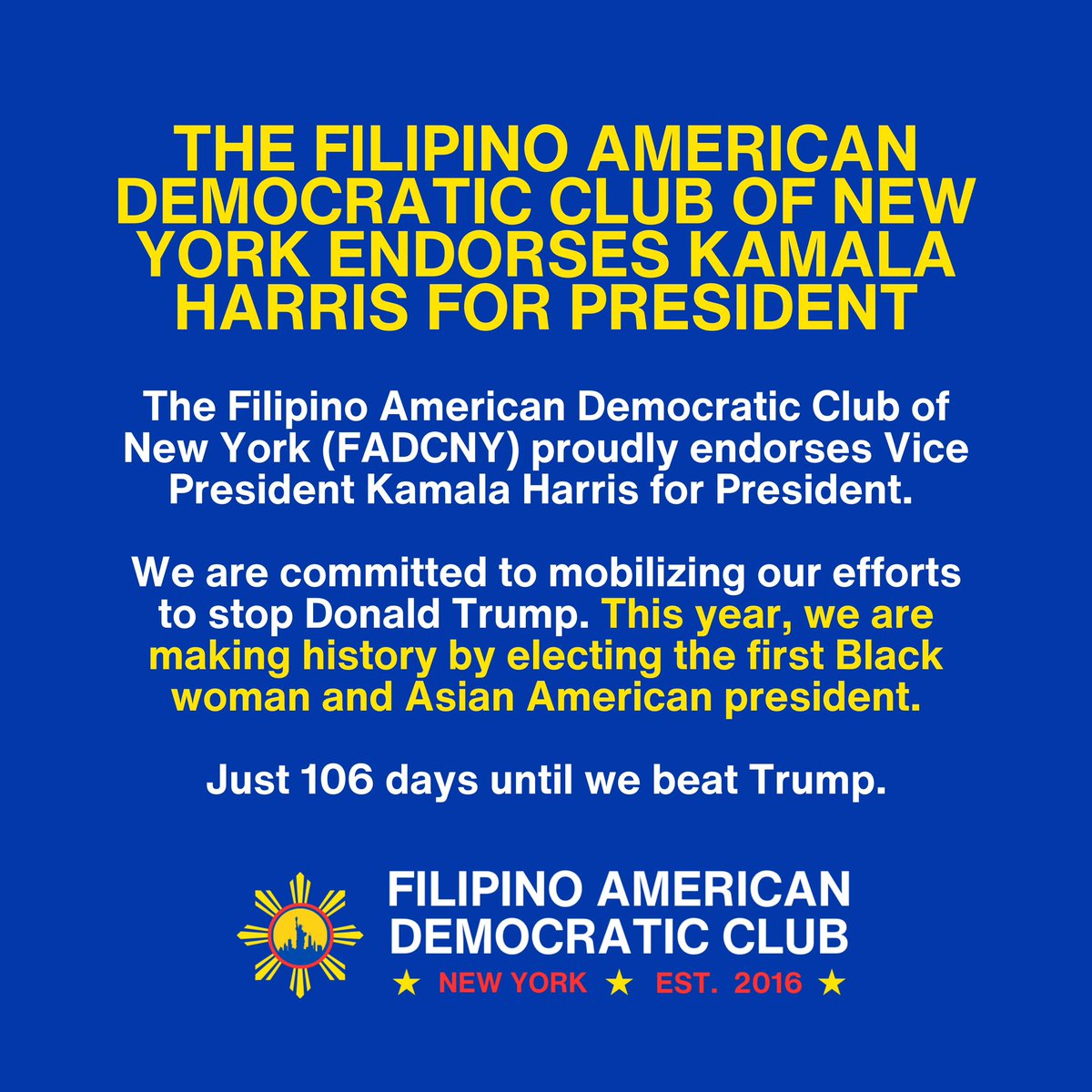 FilAmDemsNY's tweet photo. The #FilAmDems are going ALL-IN for Vice President @KamalaHarris.
Our club just donated to her campaign, and so should you: https://t.co/WpQFpggEzJ. https://t.co/AmjUK1W6eu
