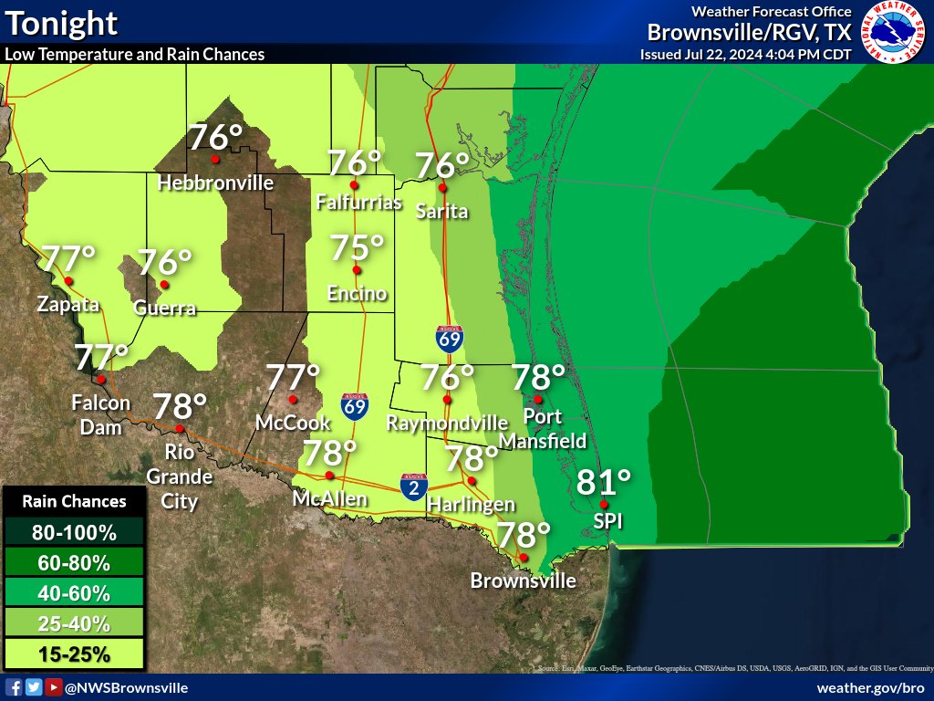 NWSBrownsville's tweet image. Rain chances increase from east to west tonight into Tuesday with warm seasonal lows tonight and highs Tuesday reaching into the low to mid 90s. #RGVwx #txwx