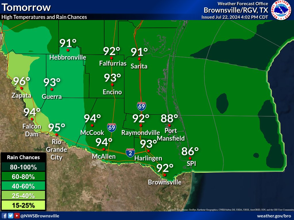 NWSBrownsville's tweet image. Rain chances increase from east to west tonight into Tuesday with warm seasonal lows tonight and highs Tuesday reaching into the low to mid 90s. #RGVwx #txwx