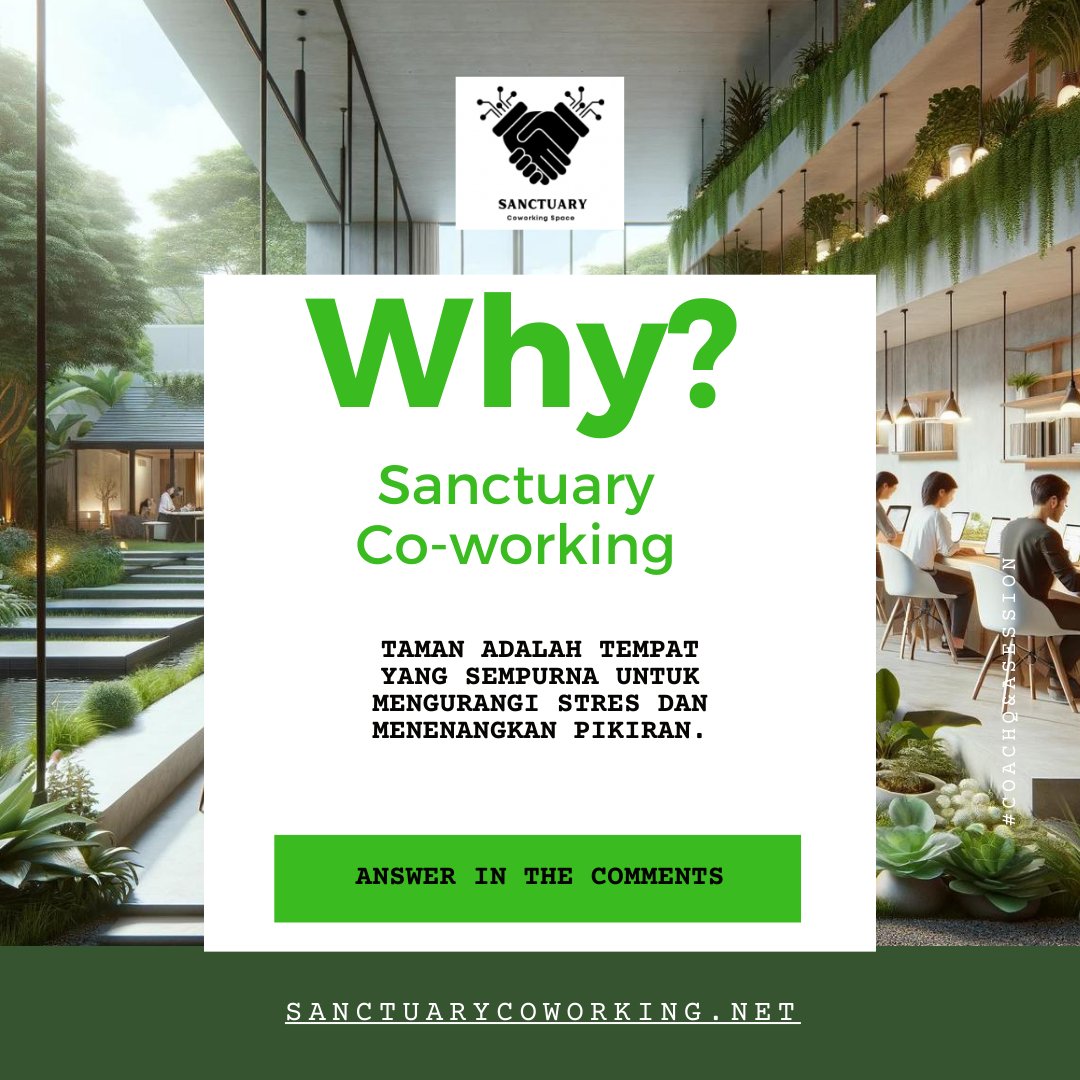 Sanctuary2468's tweet image. Butuh angin segar buat pikiran yang penat? 🍃 Kenapa Sanctuary Coworking adalah jawabannya! Taman kami adalah tempat sempurna untuk menghilangkan stres dan menyegarkan ide-ide kreatifmu. #CoworkingSpace #RefreshMind #TamanKerja