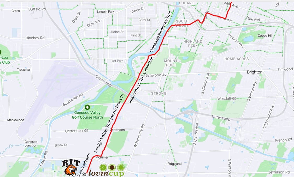 ROCcycling's tweet photo. Time for more Surprisingly Easy By Bike! 

Did you know @RITtigers &amp; @lovincupROC are easy to bike to (at least from the north)? The Lehigh Valley Trail's north branch is a bicycle superhighway between the U of R &amp; RIT. And north of U of R is the Genesee Riverway Trail. #ROC https://t.co/au77LEz9qX