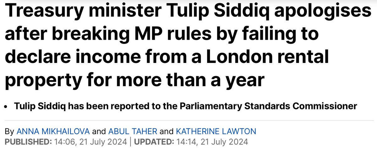 paullewismoney's tweet photo. Labour’s Treasury Minister Tulip Siddiq forgot to register  £10,000 a year income from a flat she rents out. MPs have to register such things within 28 days of them starting. She left it 15 months.  She’s been referred to Parly Standards Commissioner https://t.co/bGrVQHb0gQ https://t.co/ahEAMKUo42