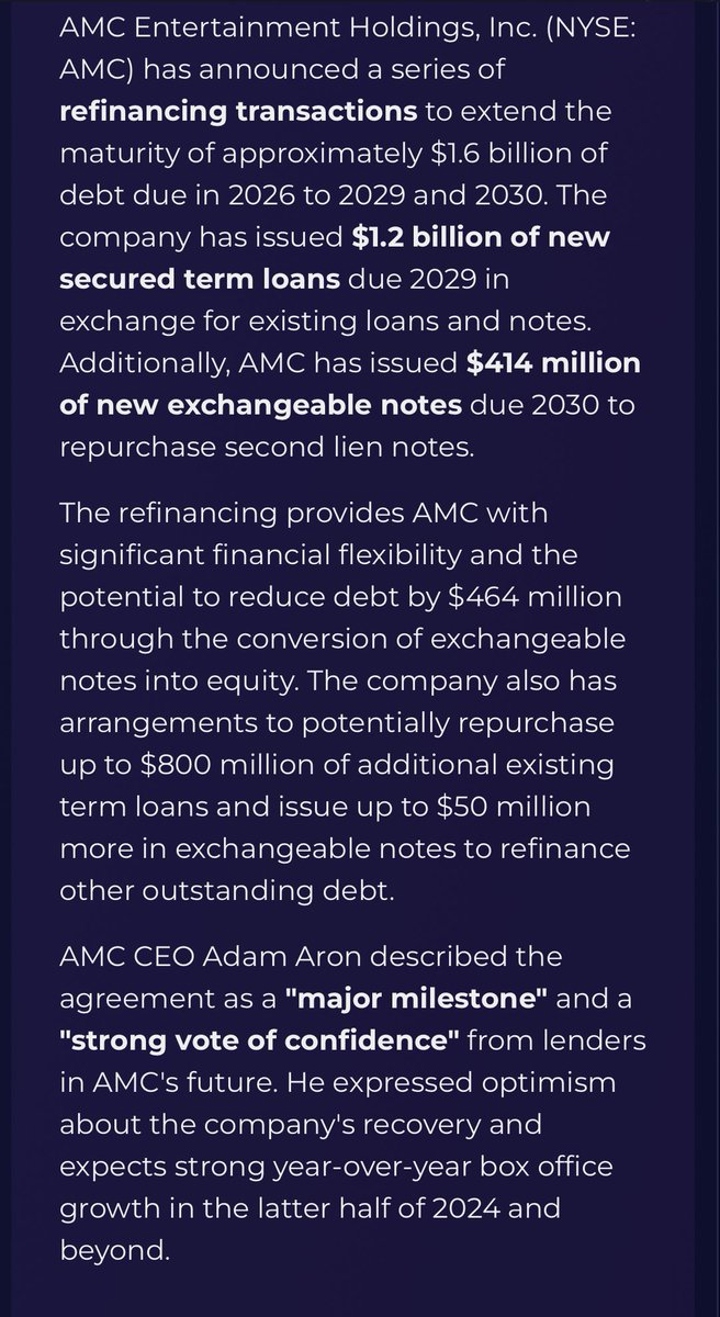 $AMC Entertainment Holdings, Inc. Announces Collaborative Refinancing Transactions that Extend Up To $2.45 Billion of Debt Maturities from 2026 to 2029 and Beyond
