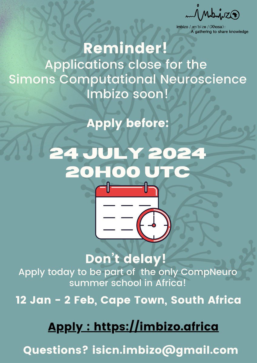 Ilenna Jones, PhD @ ilennaj.bsky.social (@ilennaj) on Twitter photo Come join us in ☀️ Cape Town, South Africa ⛱️ this January to learn about 🧠 Computational Neuro 🧠 and meet lifelong friends!
Be part of a Comp-Neuro and Neuro-AI community in and around the African continent!
Apply before July 24!: imbizo.africa
<a href="/CompNeuroImbizo/">The Simons Computational Neuroscience Imbizo</a> Come join us in ☀️ Cape Town, South Africa ⛱️ this January to learn about 🧠 Computational Neuro 🧠 and meet lifelong friends!
Be part of a Comp-Neuro and Neuro-AI community in and around the African continent!
Apply before July 24!: imbizo.africa
<a href="/CompNeuroImbizo/">The Simons Computational Neuroscience Imbizo</a>