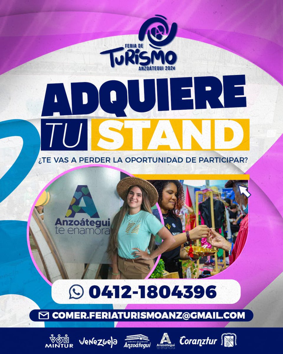 Se parte del máximo evento regional de turismo 🤩

Si eres Prestador de Servicio Turístico, emprendedor o inversionista y quieres participar en la Feria de Turismo Anzoátegui 2024, esta es tu oportunidad.🫵🏻😁

Comunícate con nosotros y adquiere tu stand.✔️