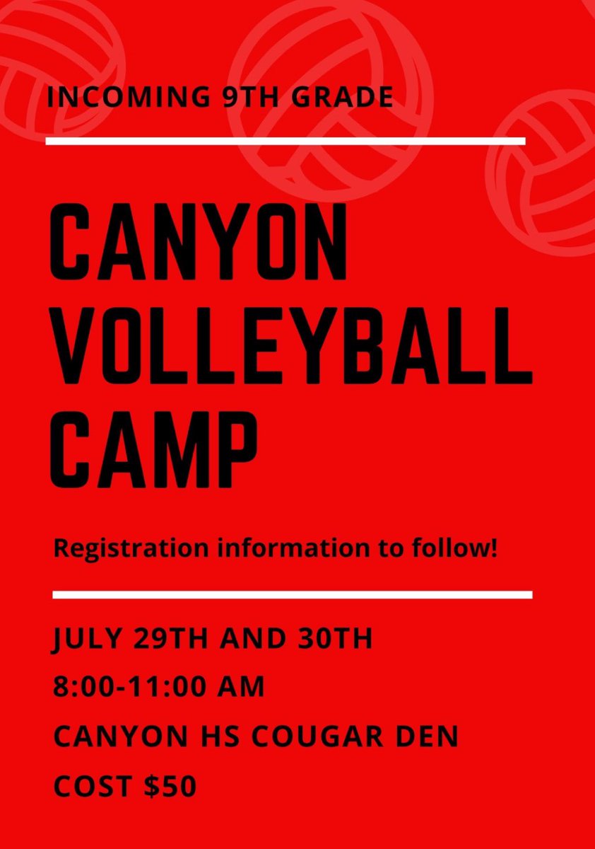Canyon Volleyball (@canyonvb) on Twitter photo 💥Registration deadline💥 Thursday, July 25th at Noon Register here👇🏼
brushfire.com/comal-isd/chs-…
Can’t wait to see you there! <a href="/AthleticsCanyon/">CanyonCougarAthletics</a> <a href="/CoachHDSanders/">Heather Sanders</a> <a href="/CHMS_panthers/">CHMS Athletics</a> <a href="/cms_ladyjags/">CMS Lady Jags</a> 💥Registration deadline💥 Thursday, July 25th at Noon Register here👇🏼
brushfire.com/comal-isd/chs-…
Can’t wait to see you there! <a href="/AthleticsCanyon/">CanyonCougarAthletics</a> <a href="/CoachHDSanders/">Heather Sanders</a> <a href="/CHMS_panthers/">CHMS Athletics</a> <a href="/cms_ladyjags/">CMS Lady Jags</a>