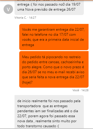 thainebarcelos's tweet photo. @kabumcombr Liguei pra Kabum no dia 17/07 perguntando sobre a entrega do meu pedido. Novidade: não, não seria entregue dia 17, a transportadora passou uma nova data com a desculpa das enchentes (que na grande maioria dos lugares aqui já tá normalizado) a nova data era 22/07 (hoje) https://t.co/YWkiQWAz0e