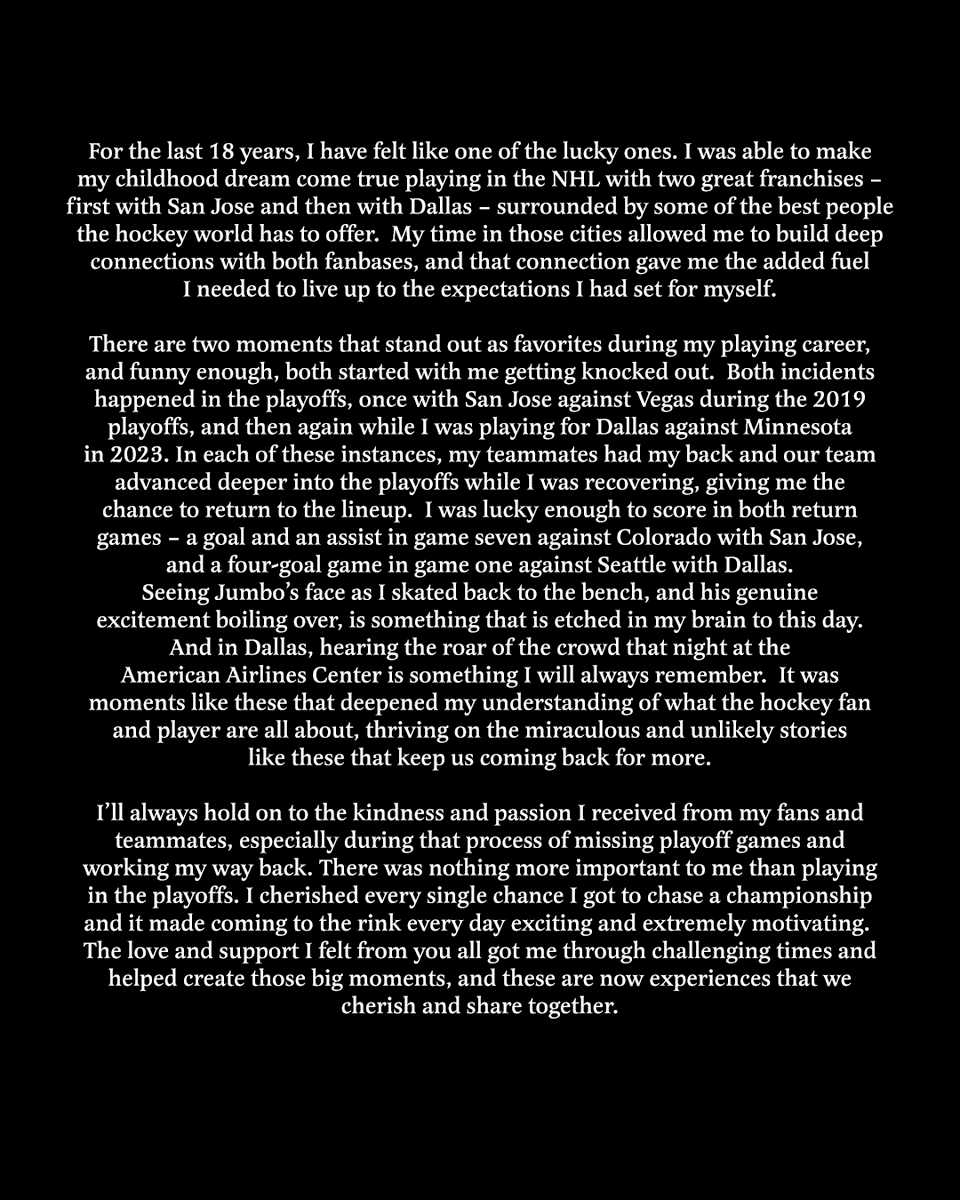DallasStars's tweet photo. @NHL @SanJoseSharks @jpav8 Joe Pavelski's full retirement letter: https://t.co/aAcXKeJb1B