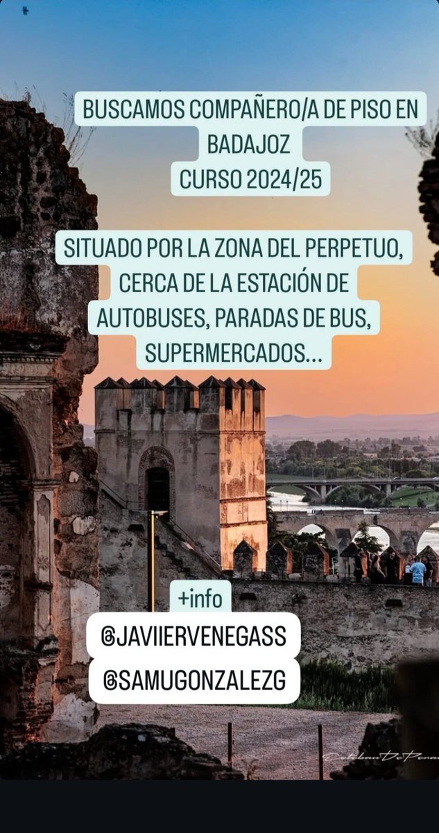 Javierrvenegas's tweet photo. Hola!!! Somos dos chicos que buscamos un tercer compañero/a para el curso 24/25 en BADAJOZ.

#pisosuex
#pisosbadajoz https://t.co/8q1kR8dWaX