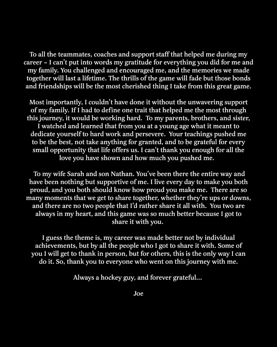 DallasStars's tweet photo. @NHL @SanJoseSharks @jpav8 Joe Pavelski's full retirement letter: https://t.co/aAcXKeJb1B