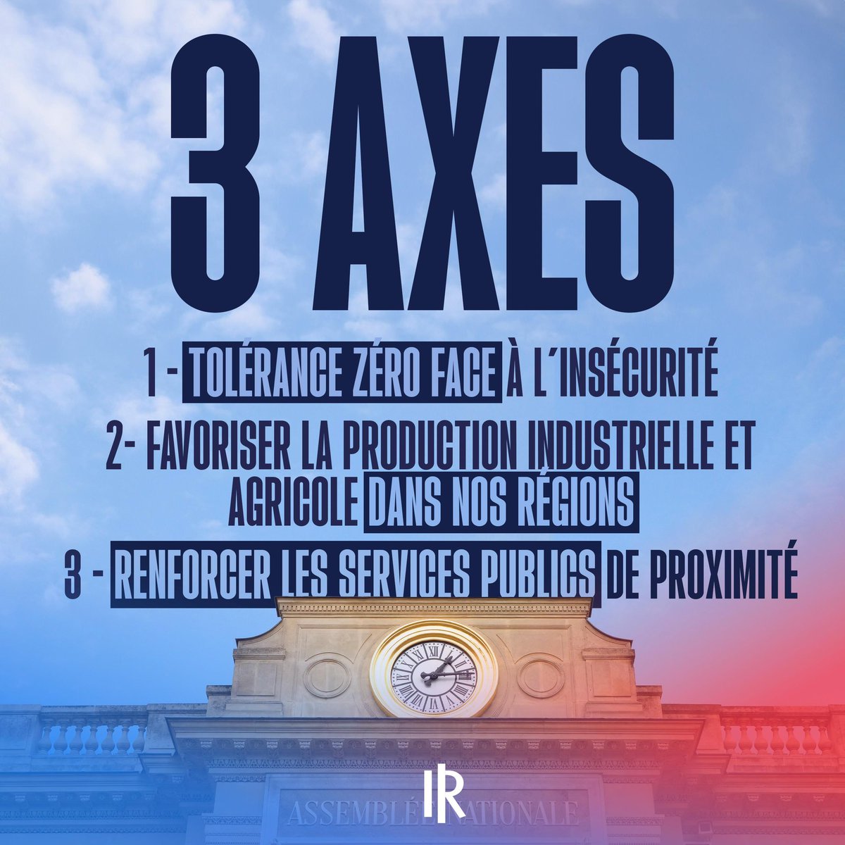 🔴 3 axes :

- Tolérance zéro face à l’insécurité.
- Favoriser la production industrielle et agricole dans nos régions.
- Renforcer les services publics de proximité.