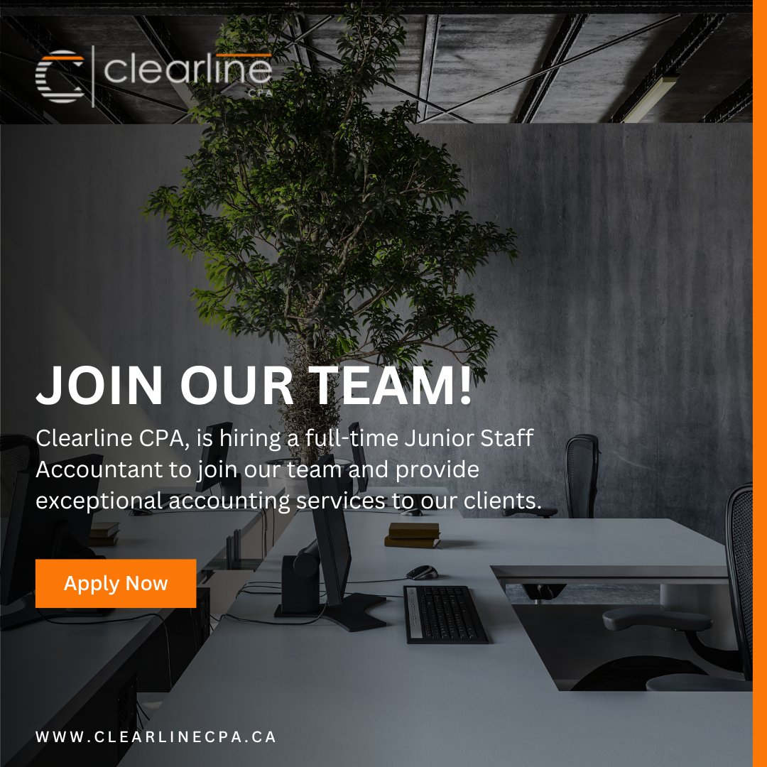 ClearlineCPA's tweet image. Ready to kickstart your career in accounting?

Join Clearline CPA as a full-time Junior Staff Accountant starting September 2024!  

Learn more about this exciting opportunity and apply now! ➡️ clearlinecpa.ca/junior-staff-a… 

#ClearlineCPA #JuniorAccountant #CareerOpportunity