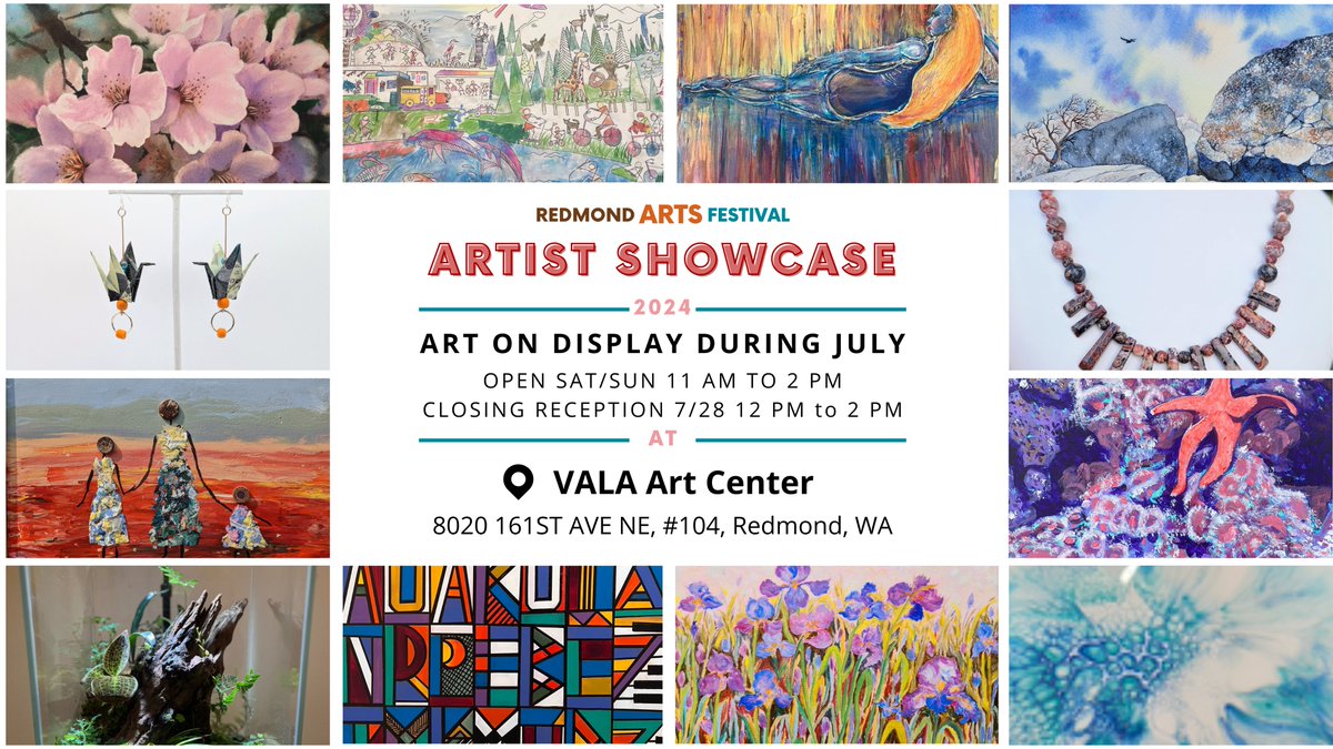 VALAEastside's tweet image. 🎭 Dive into the "2024 Redmond Arts Festival Artist Showcase" at #VALAArtCenter, July 17th-28th! Join us for the Closing Reception on July 28th, Noon-2 pm. More info: facebook.com/share/kWokJpGc…