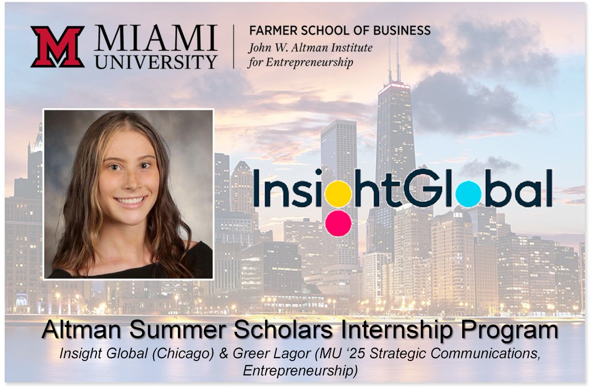 MiamiU_ENT's tweet photo. @MiamiUniversity @FarmerSchoolMU #entrepreneurship co-major Greer Lagor MU ‘25 is interning with @InsightGlobal in Detroit as part of the Altman Summer Scholars Internship Program. For more info, visit https://t.co/68kqLwAEzn #LoveandHonor @StartupCincy @MiamiAlum https://t.co/xX4AQA0gyH