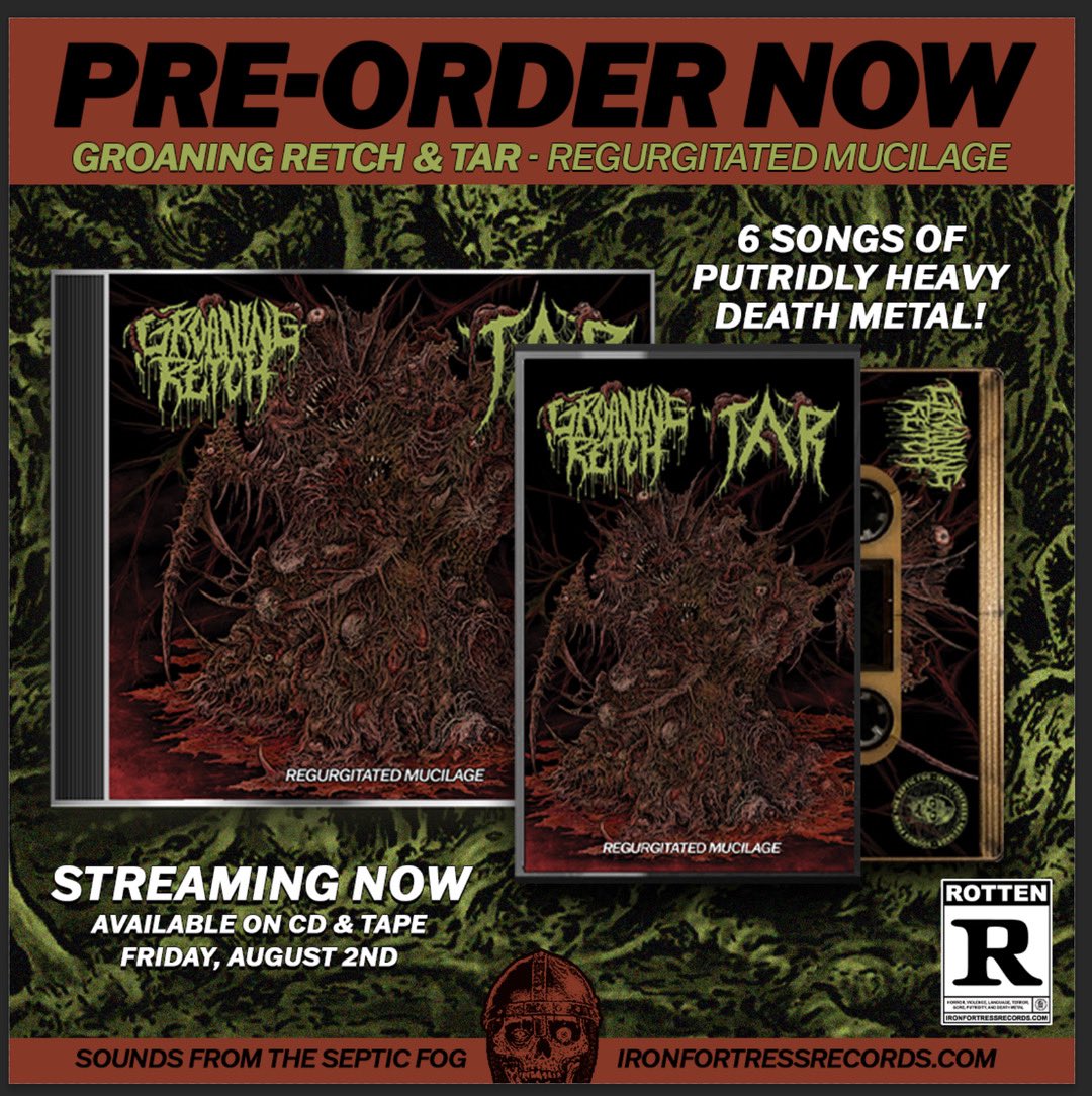 Extremely happy to announce our new split EP w/ Groaning Retch “Regurgitated Mucilage” is streaming everywhere now. 

Head over to the <a href="/ironfortress816/">Iron Fortress Records</a> web store to preorder a tape or CD now.

Listen, RT, share it around.
Hope y’all dig it.

Link in bio