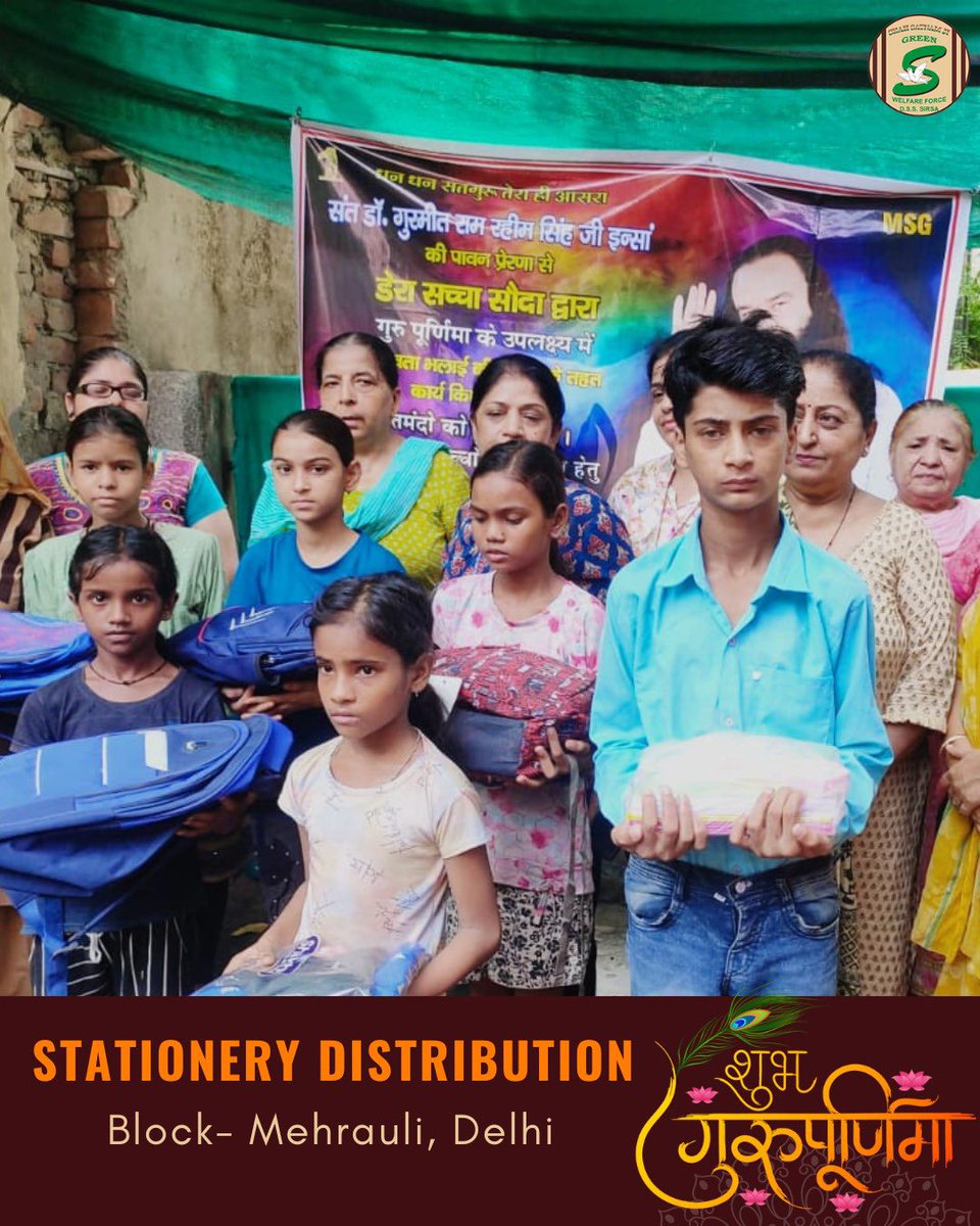 GreenSwelfares's tweet photo. Shah Satnam Ji Green ’S’ Welfare Force Wing volunteers from Mehrauli and Sadhoheri embraced the true spirit of Guru Purnima by empowering underprivileged children with essential stationery. Following the path illuminated by Saint Dr. MSG Insan, they're tirelessly working to create a brighter future for those in need. #GuruPurnima #BookBank