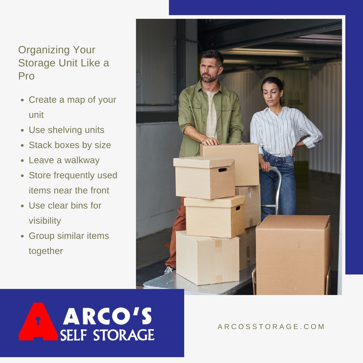 ArcosStorage's tweet image. Get organized with our pro tips for arranging your storage unit! Check out our infographic for helpful advice on keeping things neat and accessible.

👉 Visit buff.ly/2MFPDyW for affordable, clean, safe, and secure self-storage.

#StorageOrganization  #ArcosSelfStorage