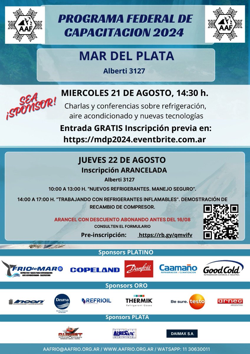 Próximas Jornadas de Capacitación en Mar del Plata el 21 y 22 de agosto.
aafrio.org.ar/2024/07/22/sem…