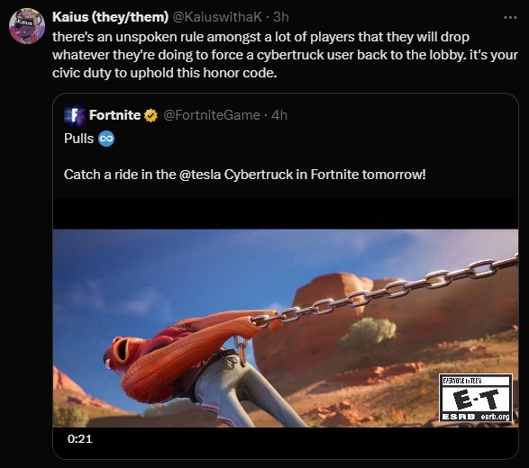 Alterra_Corp_'s tweet photo. This is the most united the fn community has been in months and it's over hating the cybertruck, even epic games employees hate it https://t.co/ntoF7TARQP