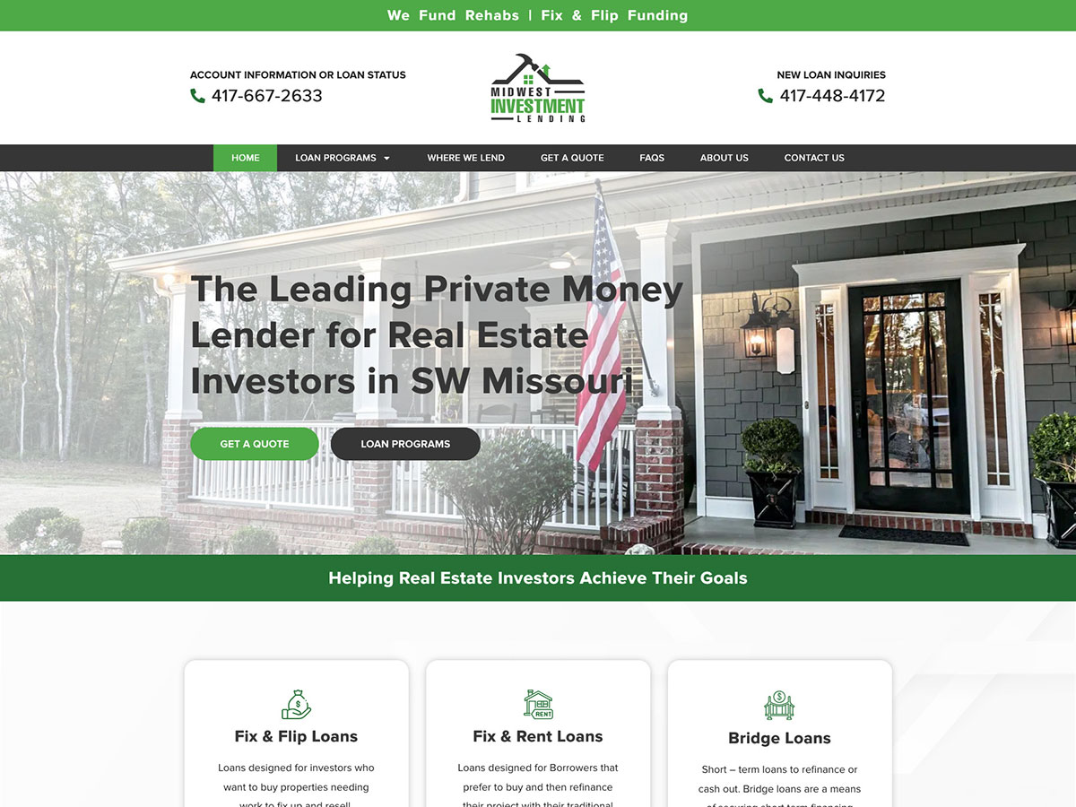 Launched a website for Midwest Investment Lending at midwestinvestmentlending.com! They are the leading private money lender for real estate investors in SW MO. They fund rehabs as well as fix &amp; flips. #privatelending #realestateinvesting #fixfliploans #fixandrentloans #websitedesign
