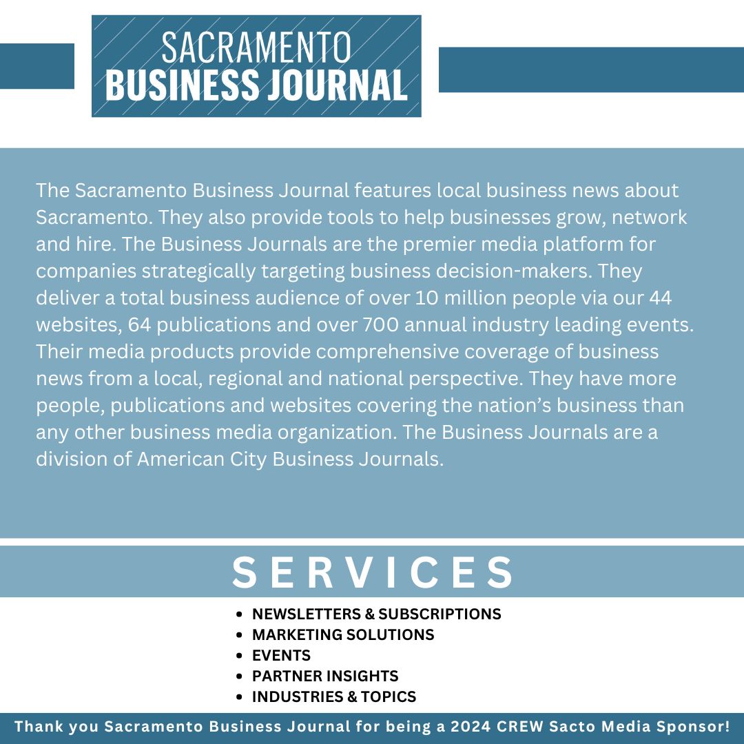 Thank you to Sacramento Business Journal for being CREW Sacto's 2024 Media Sponsor! To learn more about Sacramento Business Journal and the services they provide visit ---> buff.ly/3LzF0gL  #CREWSacto #MediaSponsor
