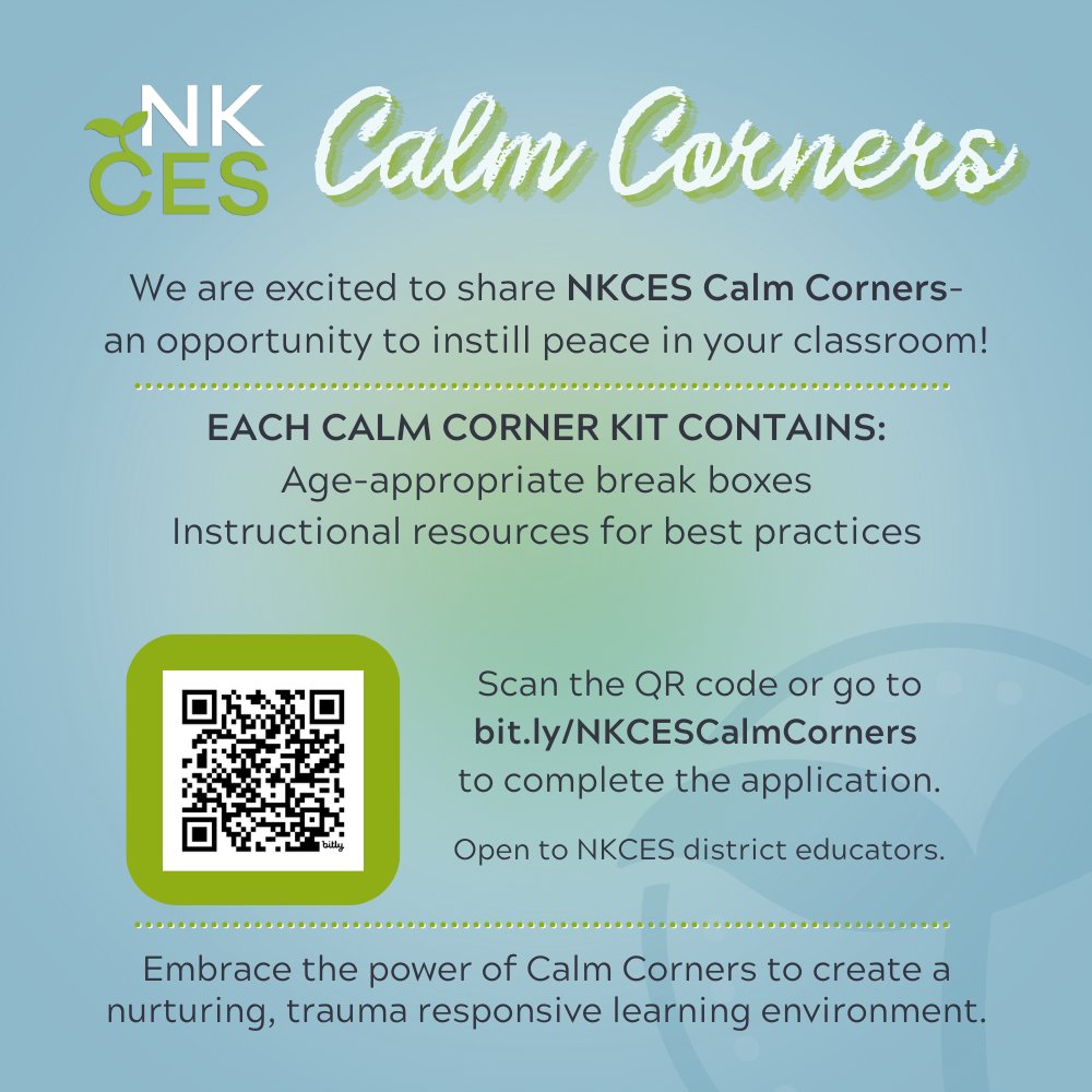 NKCESKids1st's tweet image. Exciting news for NKCES district educators! Introducing Calm Corners– dedicated spaces designed to help students de-stress, refocus &amp;amp; thrive. Sign up at bit.ly/NKCESCalmCorne… to create a supportive &amp;amp; calm learning environment together! #NKCES #CalmCorners #ConnectGrowServe