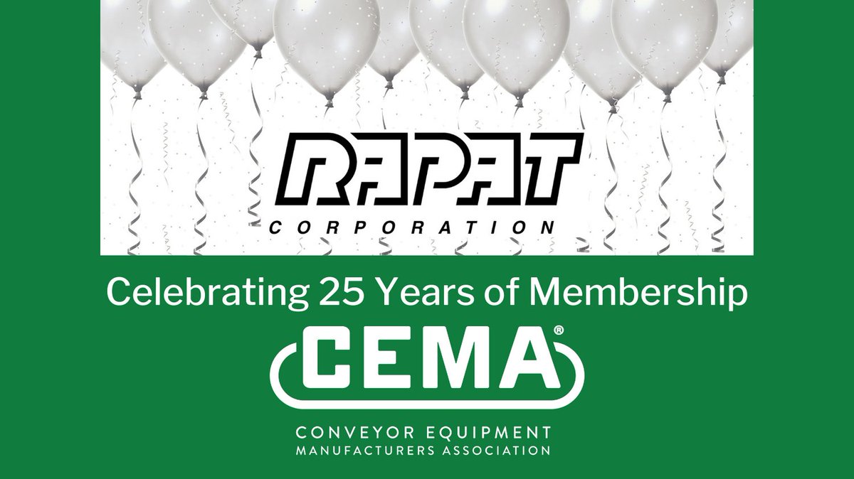 CEMAconveyor's tweet photo. Happy Member-versary, Rapat Corporation! Thank you for your dedication to the #materialhandling industry, and for 25 years of partnership with CEMA. We look forward to many more years of shared success and growth! #conveyorsystems #beltconveyors https://t.co/5aXYMysNpN