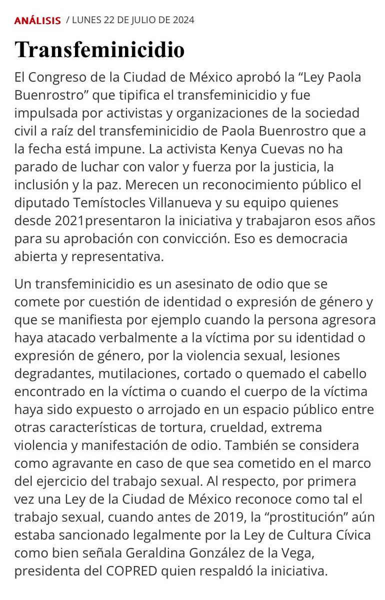 aurel_gt's tweet photo. Las reformas aprobadas con la #LeyPaolaBuenRostro en la #CDMX no solamente tipifican el #transfeminicidio.  Fortalecen el acceso a la justicia, amplían los derechos de la “familia social” y obligan al Estado a reconocer y sistematizar los crímenes de odio.
🏳️‍⚧️🏳️‍🌈Mi columna en @elsolde_mexico https://t.co/RjBV2ardxt