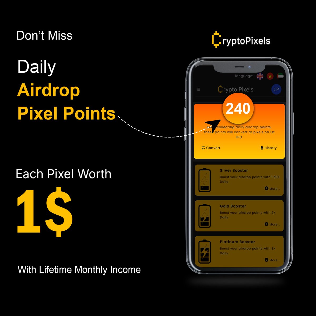 cryptopixels10's tweet photo. @0xPapill0n 🚀 Don't miss your daily airdrop for valuable pixel points—each converts to $1 USD, generating monthly passive income! Join now and start earning! https://t.co/cSJep25vpG https://t.co/Mmga8M52zM