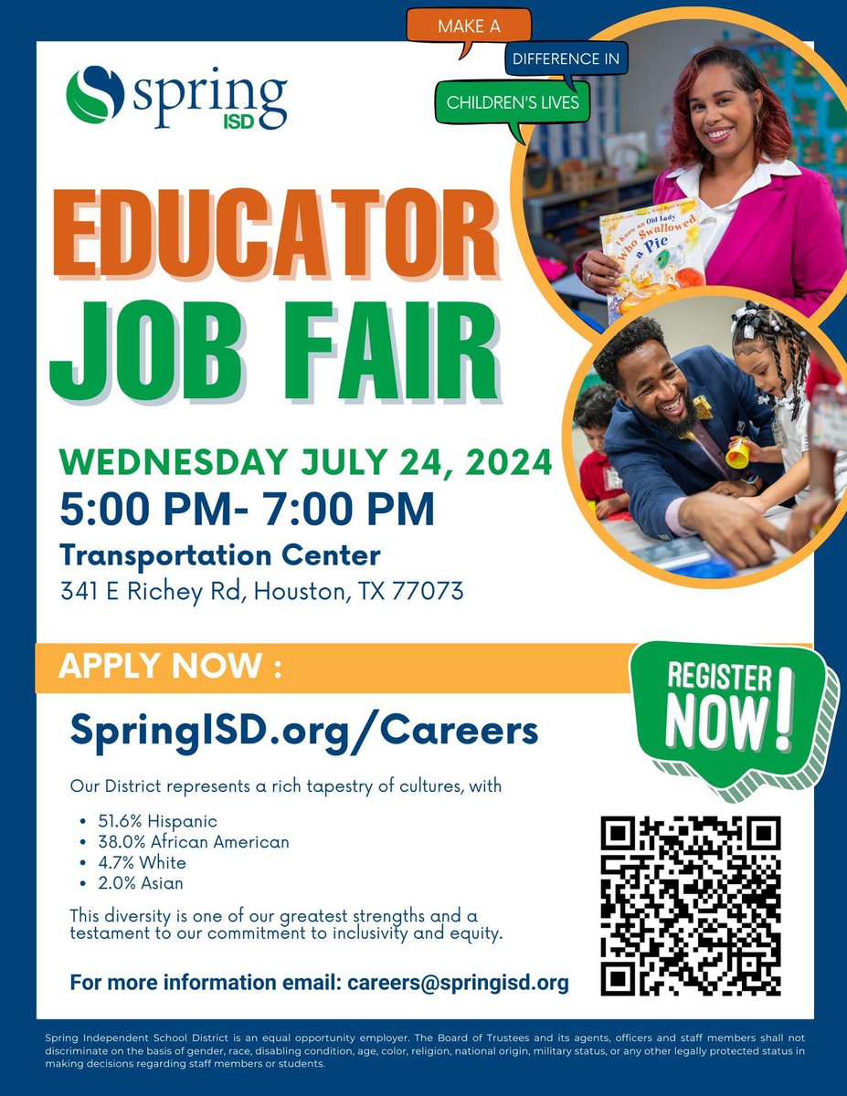Spring ISD Careers (@springisdhr1) on Twitter photo We're #hiring <a href="/SpringISD/">Spring ISD</a> : Whether you are an experienced educator or just starting your career journey, we have opportunities for you. Don't miss our Educator Job Fair this Wednesday, July 24th at 5 p.m.! Please RSVP by visiting: bit.ly/3YhP0me We're #hiring <a href="/SpringISD/">Spring ISD</a> : Whether you are an experienced educator or just starting your career journey, we have opportunities for you. Don't miss our Educator Job Fair this Wednesday, July 24th at 5 p.m.! Please RSVP by visiting: bit.ly/3YhP0me