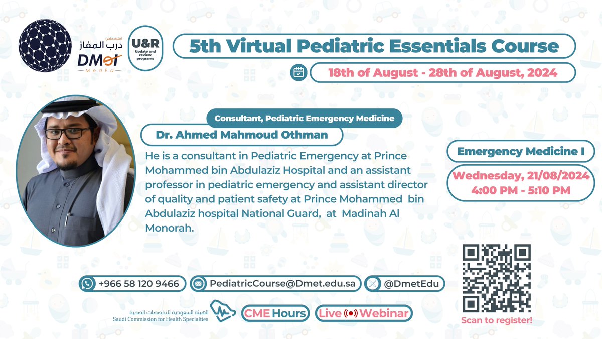 DmetEdu's tweet photo. @jqanatish @RahafHB @KhaledAlSager @alsalehi_saleh @AAAMAlrasheed @AsmAlshamrani 📢Meet our distinguished speakers on 21 August:

💠Dr. Ahmed Othman

💠Dr. Fawaz AlZahrani @Alzahrani_fawaz 

💠Dr. Wesam AlThaqafi @wesamalthaqafi 

💠Dr. Fouzah AlRuwaili

📝📷Registration link https://t.co/sUF5myaYHB
⁧#أطفال
⁧#كورس
#Pediatrics⁩ 
#Pediatric_Course⁩  ⁧ https://t.co/z2Kj01Xdgo