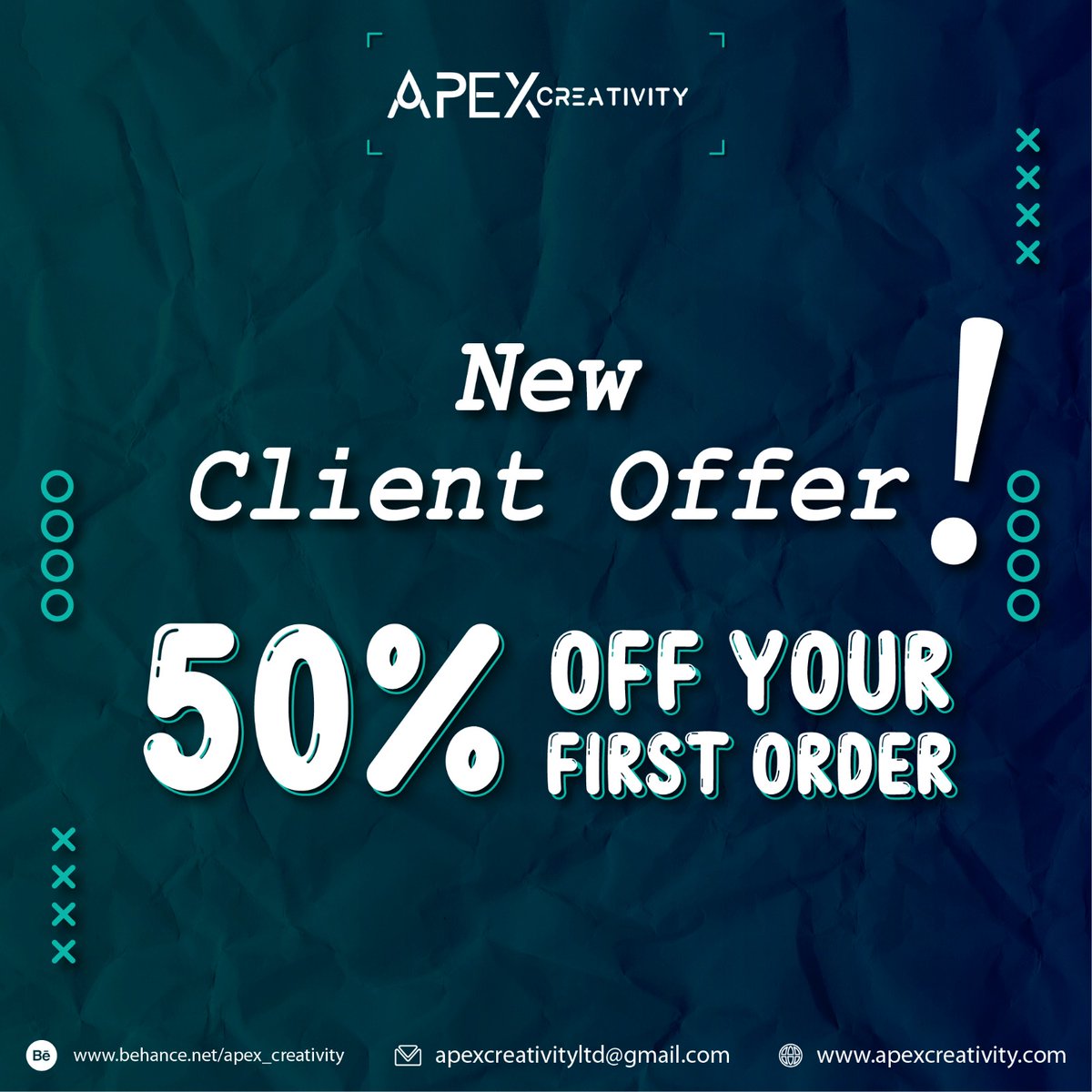 apexcreativiti's tweet photo. "Attention new clients! π Get 50% OFF your first order with Apex Creativity. Donβt miss out on this limited-time offer!
Contact us today and elevate your brand. β¨
#apexcreativity #NewClientOffer #50percentoff #graphicdesign #DesignDiscounts #logodesign #gamingemote #twitchaffiliate #twitch #twitchstreamer #twitchgamer #discord #livestreaming #livestreamer #discordcommunity #twitchcommunity #streaming"