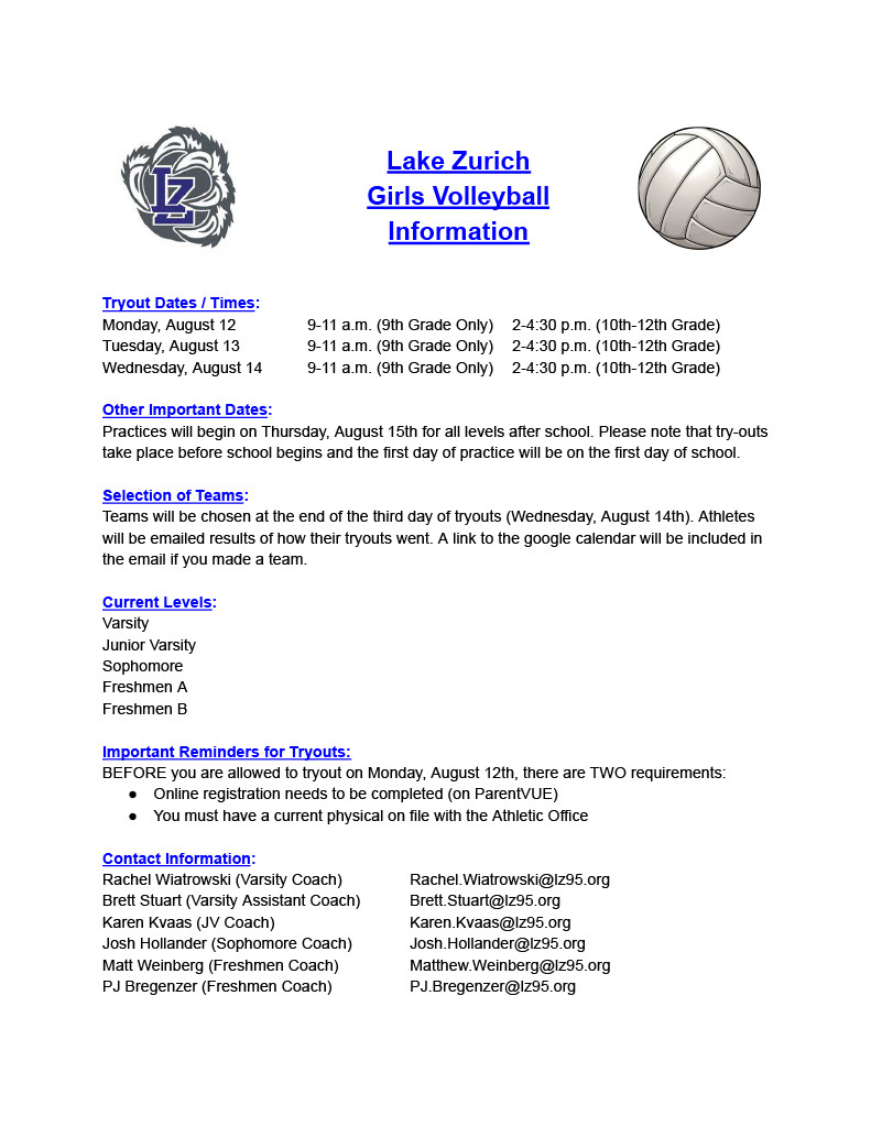 Lake Zurich Volleyball (@lzbearsvb) on Twitter photo Girls tryouts begin 3 weeks from today!! Make sure to get registered and have a current physical on file with the Athletic Office. <a href="/lzhsathletics/">LZHS Athletics</a> Girls tryouts begin 3 weeks from today!! Make sure to get registered and have a current physical on file with the Athletic Office. <a href="/lzhsathletics/">LZHS Athletics</a>