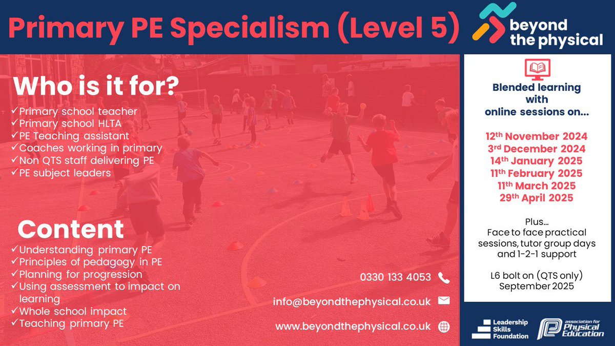 _beyondphysical's tweet photo. We are now taking registrations for our latest @LshipSkillsFdn @afPE_PE Primary PE Specialism course starting in November! 🤝

For more information visit 👇

https://t.co/WTVdx0puZg https://t.co/TRE2OAhJAW
