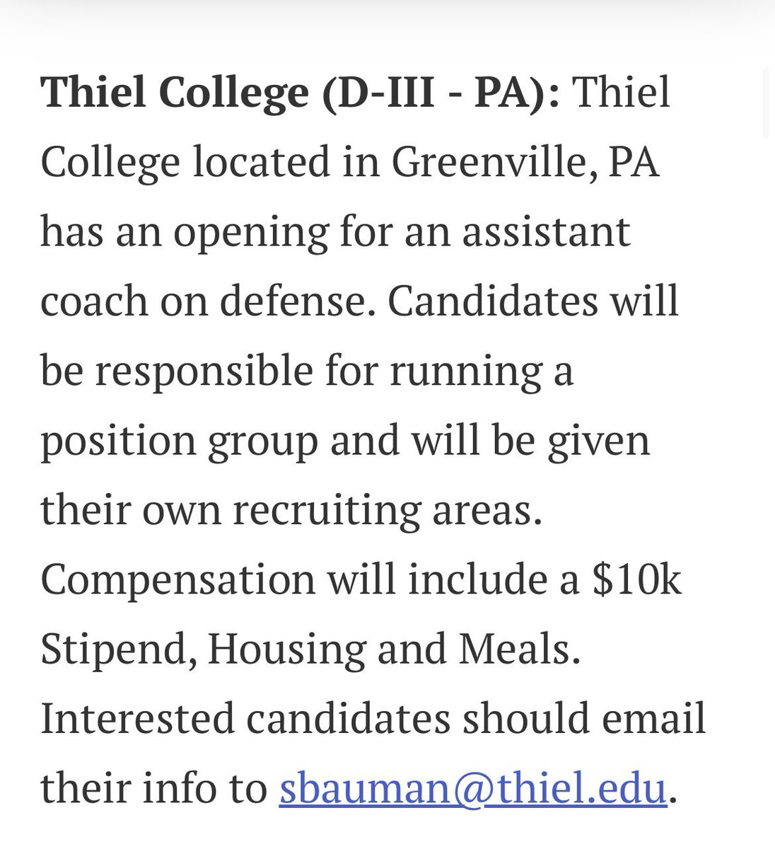 Young coaches! I can personally attest to the work environment and professional development at Thiel! We are a young, energetic staff with a fast, collaborative defense. Amazing place to be a part of something special! Check our history, we promote from within!