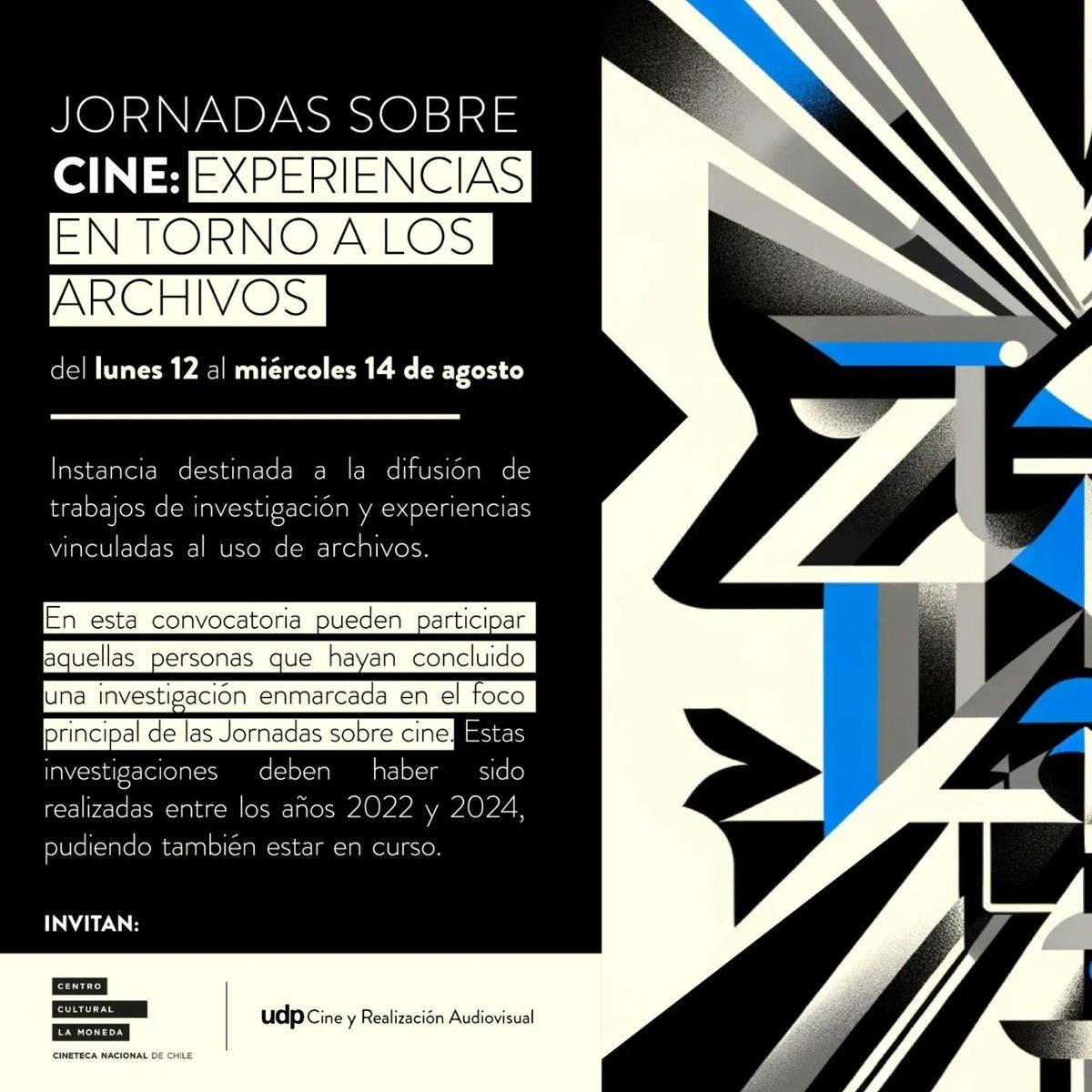 Cine_UDP's tweet photo. ✨ Convocatoria abierta JORNADAS SOBRE CINE: EXPERIENCIAS EN TORNO A LOS ARCHIVOS. 12, 13 y 14 de agosto de 2024. 
📍¿Dónde? Biblioteca Nicanor Parra, UDP y Cineteca Nacional. 🎥📚 Bases y formulario de inscripción 👉🏼https://t.co/ghHskFNFO6 https://t.co/CfWSjNtmgE