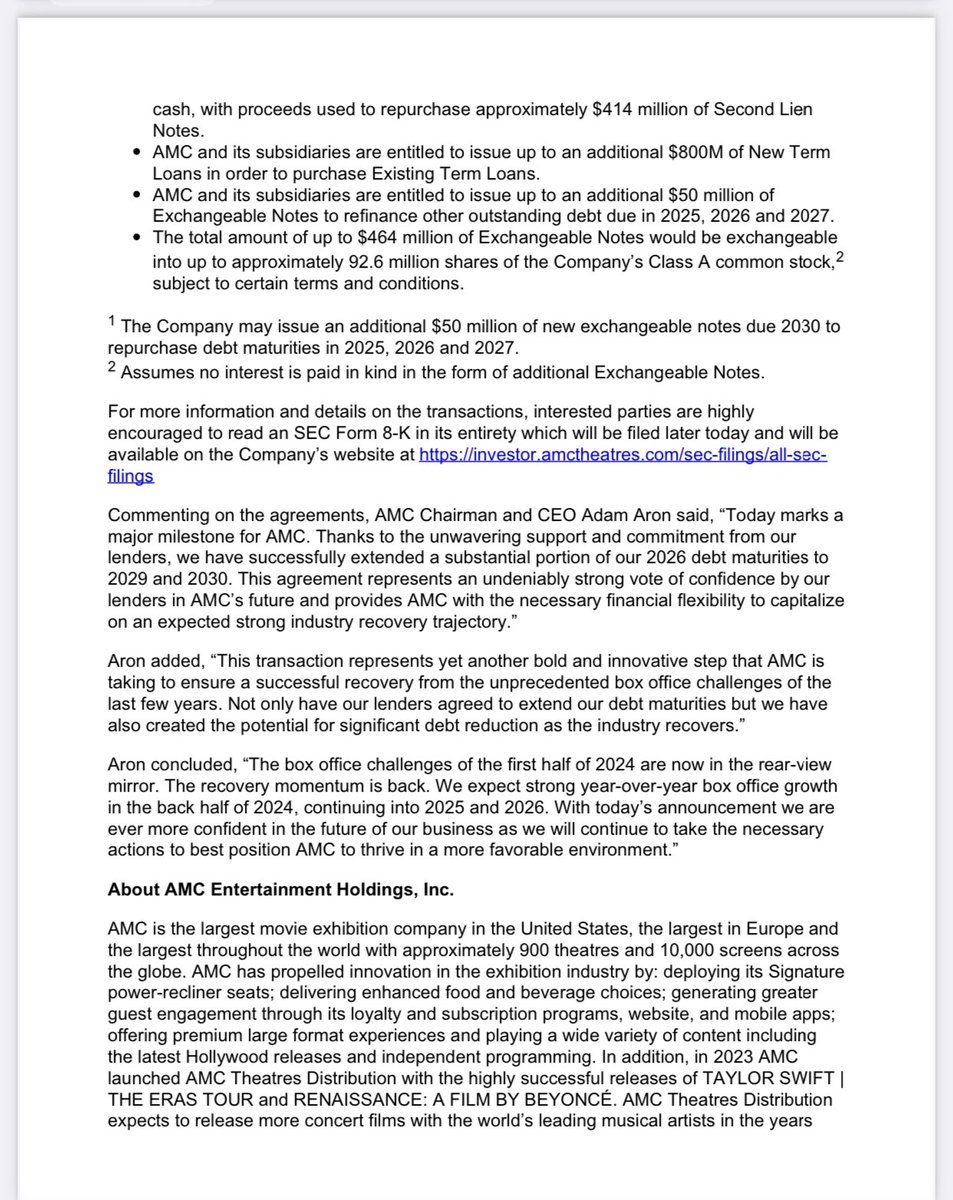 AmcNotLeaving's tweet image. AMC Entertainment Announces Collaborative Refinancing Transactions that Extend Up To $2.45 Billion of Debt Maturities from 2026 to 2029 &amp;amp; Beyond.  #amcnotleaving #amc #amcstock #amcapes $amc $ape