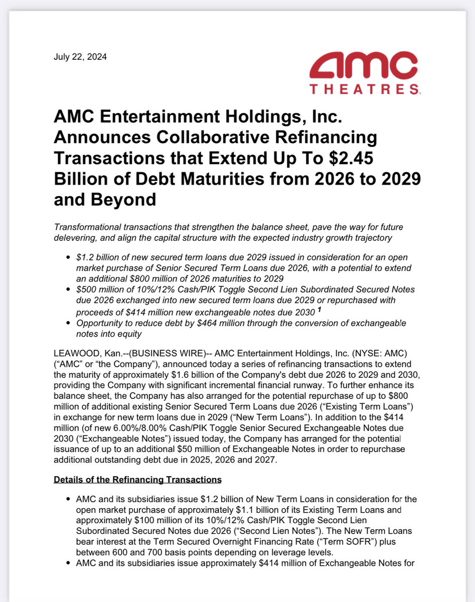 AmcNotLeaving's tweet image. AMC Entertainment Announces Collaborative Refinancing Transactions that Extend Up To $2.45 Billion of Debt Maturities from 2026 to 2029 &amp;amp; Beyond.  #amcnotleaving #amc #amcstock #amcapes $amc $ape