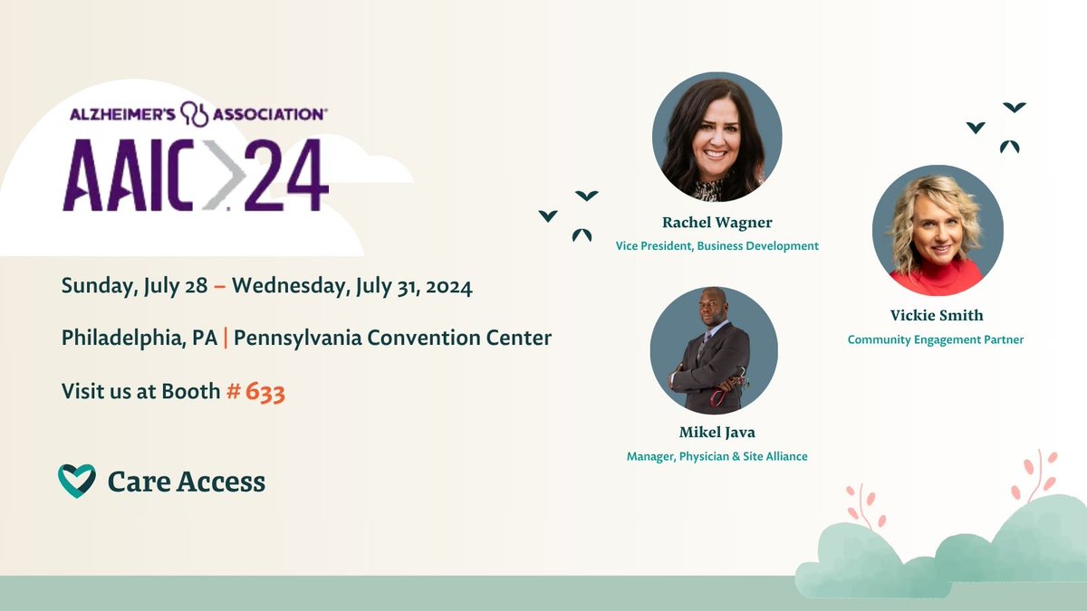 Care_Access_'s tweet image. We will be attending the @alzassociation International Conference from July 28-31 in Philadelphia.

Stop by Booth #633 to learn how our brain health community screenings and global network of research sites can help push dementia science forward.

#AAIC24 #CareAccess