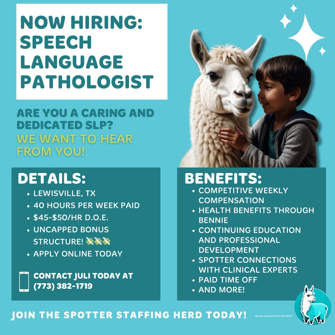 We're hiring a #SpeechLanguagePathologist in Lewisville, TX!
Pay 💰 - $45-$50/hr + UNCAPPED BONUS STRUCTURE! 💸
Call 📱 - (773) 382-1719
Email 📧 - JDale@SpotterStaffing.com
Click to apply: spotterstaffing.com/therapists/
#JoinTheHerd 🦙 #SLPJobs #TexasSLP #HiringSLP
