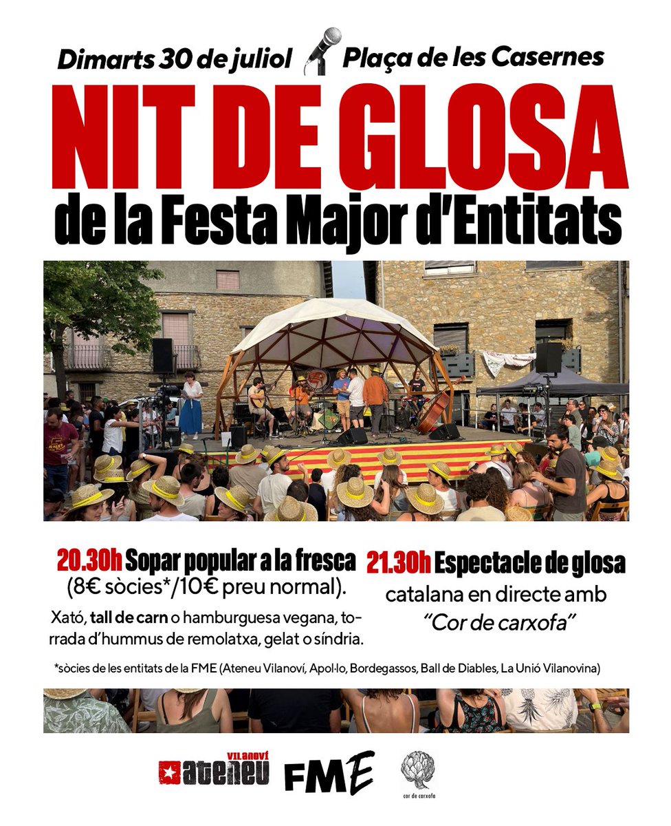 🎙️Arriba la primera NIT DE GLOSA a la
<a href="/fmentitats/">Festa Major d'Entitats</a>! Gaudirem plegades de la glosa, un estil poètic i musical d'improvisació molt nostrat.  

🍽️👩‍🍳Sopar popular (8€ sòcies/10€ preu normal)
🎉Espectacle de glosa en directe amb <a href="/CordeCarxofa/">Cor de Carxofa</a> 

📍Dimarts 30/07, plaça de les Casernes