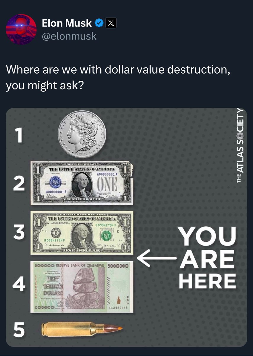 JUST IN: 🇺🇸 Elon Musk suggests US dollar is on the way to becoming like  the Zimbabwe Dollar because of “value destruction”