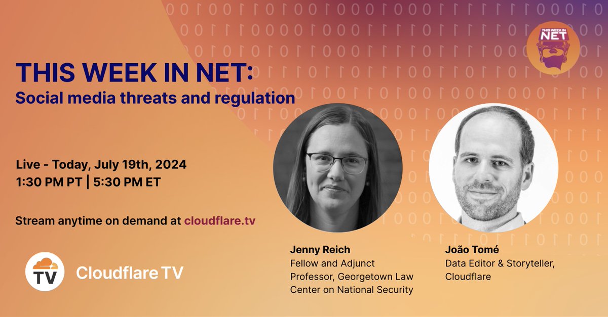 CloudflareTV's tweet image. A fresh #ThisWeekinNET is here. Join João Tomé (@emot) and Dir. of Emerging Tech at @GeorgetownLaw, Jenny Reich, as they break down regulating social media, the origins of data breaches from chat rooms, Section 230 and TikTok as the new Gen Z search engine. Watch now >>…