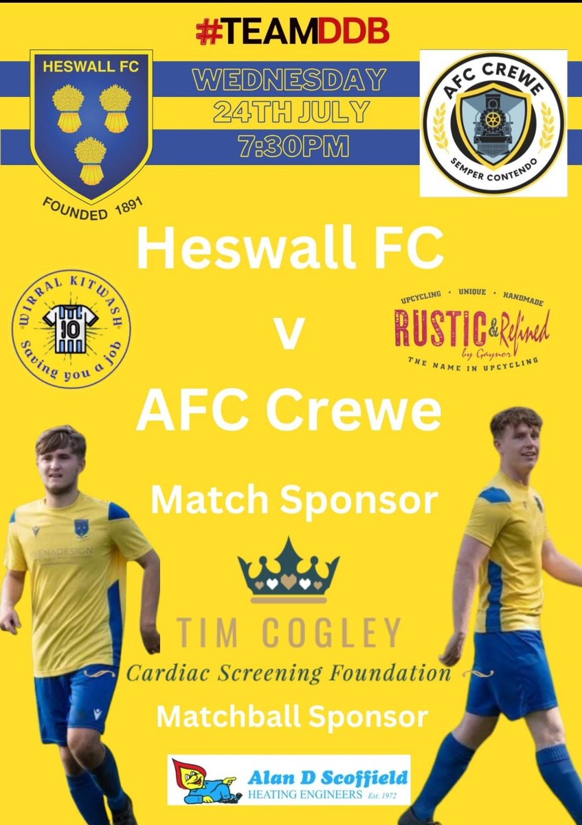 community_hfc's tweet image. Wednesday we return to action at #TeamDDB Park as we welcome @afc_crewe to continue our preparations for the upcoming season. Bar will be open and all support is welcome.
Match Sponsor is @TimCogleyCSF
Matchball Sponsor @AlanScoffield, thank you both for your  support 💛💙💛💙