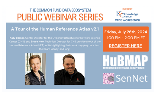 CNS Center (@cnscenter) on Twitter photo This Friday, July 26th, we are excited to announce that <a href="/katycns/">Katy Borner</a> Katy Börner and Bruce Herr will be presenting "A Tour of the Human Reference Atlas v2.1" as part of the Common Fund Data Ecosystem’s Public Webinar Series:July 26, Time: 1:00-2:00 PM ET link: broadinstitute.zoom.us/webinar/regist… This Friday, July 26th, we are excited to announce that <a href="/katycns/">Katy Borner</a> Katy Börner and Bruce Herr will be presenting "A Tour of the Human Reference Atlas v2.1" as part of the Common Fund Data Ecosystem’s Public Webinar Series:July 26, Time: 1:00-2:00 PM ET link: broadinstitute.zoom.us/webinar/regist…